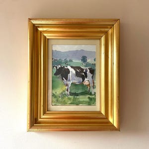 Vintage “MEADOW” framed original signed watercolour painting in gold gilded frame. Countryside scene, rural art cottage interiors