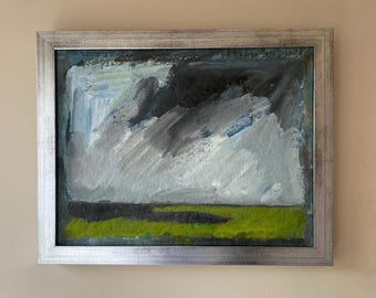Vintage original framed abstract landscape painting "GREEN FIELD" minimalist art
