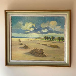 Vintage “HAY BALES” Swedish original landscape oil painting dated 1952, signed framed landscape art
