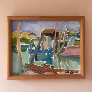 Vintage “CANAL BOATS” original French modernist  coastal oil painting signed in wooden frame, mid-century colourful bold art
