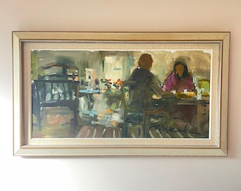 Vintage figurativ oljemålning, interiörscen från mitten av århundradet, original inramad konstverk