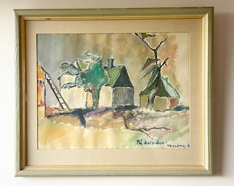 Vintage original framed mixed media painting "SUNNY SIDE", framed & signed Hemberg 1961