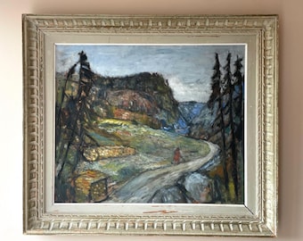 Groot vintage Zweeds origineel landschapsolieverfschilderij "WINDING PATH" gesigneerd en ingelijst