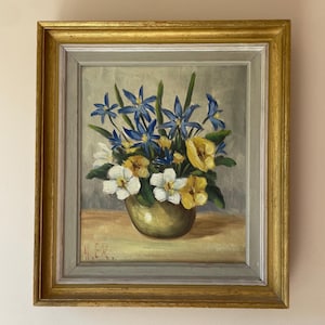 Vintage &#39;Blue & Yellow Florals&#39; Swedish original still life oil painting on canvas framed antique art signed gilt frame flowers still life
