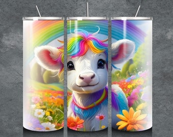 Seamless Highland Cow Tumbler Wrap, 20oz Skinny Sublimation Tumbler Design, Highland Cow Sublimation Design Png, Cow rainbow  tumbler