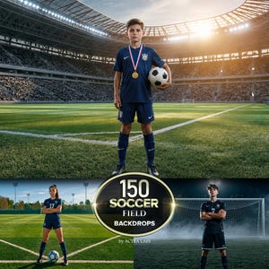 May include: A collection of 150 soccer field backdrops featuring various athletes in dark blue uniforms on grass pitches. The central graphic displays the text 150 SOCCER FIELD BACKDROPS by ACTRA LABS, showcasing stadium settings and players.