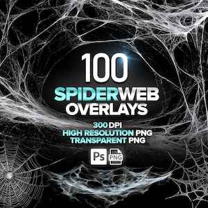 May include: A digital graphic featuring 100 spiderweb overlays. The text reads "100 SPIDERWEB OVERLAYS" in white and teal. Additional text indicates 300 DPI high-resolution PNG transparent PNG files. The background is black with white spiderwebs.