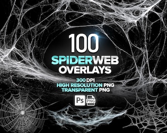 May include: A digital graphic advertising 100 spiderweb overlays. The text reads "100 SPIDERWEB OVERLAYS" in white and teal. Additional text indicates 300 DPI high-resolution PNG transparent PNG files. The background is black with white spiderwebs.