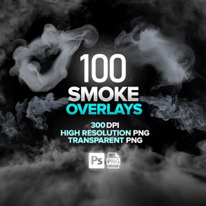 Op de afbeelding: Een digitale afbeelding met witte en grijze rookoverlays tegen een zwarte achtergrond. De tekst luidt "100 Smoke Overlays" in wit en blauwgroen, met details over 300 DPI high-resolution PNG-bestanden.