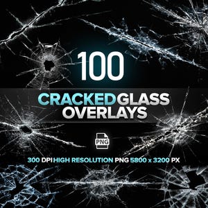 Op de afbeelding: Een digitale afbeelding met 100 scheuren in glazen overlays. De tekst luidt "100 Cracked Glass Overlays" in wit en blauw. De afbeelding is van hoge resolutie, 5800 x 3200 px, en in PNG-formaat. De achtergrond is zwart.