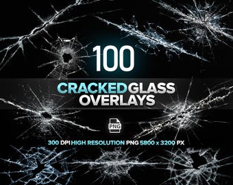 100 Cracked Glass Overlays, Photoshop Glasscherben, Zerbrochene Textur PNG, Digital Download