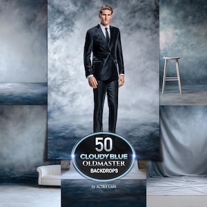 May include: A composite image featuring a man in a dark suit against a cloudy blue backdrop. The image includes a white sofa, a wooden stool, and a draped fabric. Text on the image reads "50 Cloudy Blue Oldmaster Backdrops by Actra Labs."