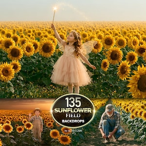 May include: A collection of 135 sunflower field backdrops featuring a child in a fairy costume with wings holding a wand, a child in overalls waving, and an adult in a plaid shirt and jeans kneeling in a field of yellow sunflowers.