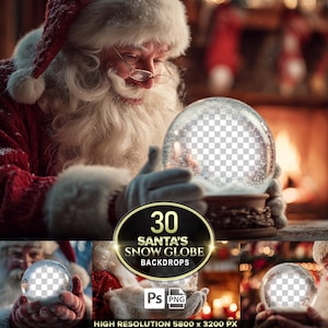 May include: Santa Claus holding a snow globe with a transparent center, surrounded by a snowy base. He wears a red suit and hat with white trim, and glasses. The image includes the text "30 Santa's Snow Globe Backdrops".