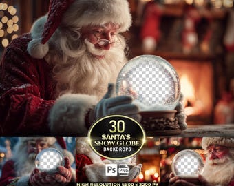 May include: Santa Claus holding a snow globe with a transparent center, surrounded by a snowy base. He wears a red suit and hat with white trim, and glasses. The image includes the text "30 Santa's Snow Globe Backdrops".
