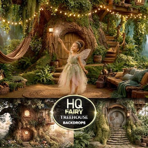 Pode incluir: Um fundo de fotografia digital apresentando uma cena de casa na árvore de fadas com uma grande árvore, porta de madeira, rede, escadas de pedra e luzes de corda. A imagem inclui um logotipo circular com o texto HQ FAIRY TREEHOUSE BACKDROPS.