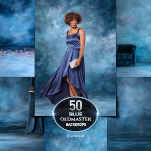 May include: A woman in a navy blue satin dress with a high-low hemline, holding a silver clutch. The background is a blue backdrop with the text "50 BLUE OLDMASTER BACKDROPS" by ACTRA LARS.