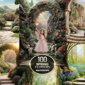 May include: A collection of 100 spring flower backdrops featuring various garden scenes with stone paths, blooming rose arches, and lush landscapes. A central image shows a child in a pink dress and fairy wings standing in a floral archway.