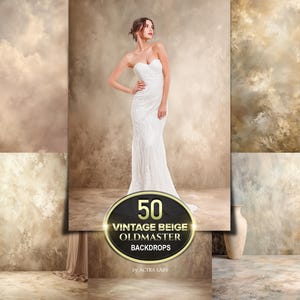 May include: A woman in a white strapless gown stands before a backdrop of vintage beige textures. The image features a collection of 50 Oldmaster backdrops, with a decorative oval label at the bottom. A tall, cream-colored vase is visible on the right.