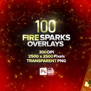 100個の火花のPhotoshopオーバーレイ、透明なPNGの火、リアルな火花、キャンプファイヤー、輝き、デジタルダウンロード