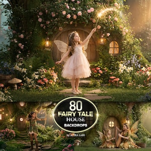 Peut inclure: Une collection numérique de 80 arrière-plans de maisons de contes de fées montrant des enfants déguisés en fées dans des décors boisés avec des fleurs, des champignons et des portes en bois. Le texte 80 FAIRY TALE HOUSE BACKROPS by ACTRA LABS est visible.