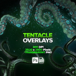 May include: Digital art featuring green and gray tentacle overlays with blue accents. The text "TENTACLE OVERLAYS" is displayed in green and white. Additional text includes "300 DPI", "2500 x 2500 Pixels", and "TRANSPARENT PNG".