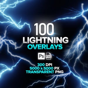 100 Lightning Photoshop Overlays , Realistic Lightning Effects, Transparent PNG, Lighting Strikes Overlays, Digital Download