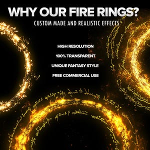 May include: Four glowing fire rings with a black background. The rings are made of fire and have a unique fantasy style. The text "WHY OUR FIRE RINGS?" is at the top of the image. The text "CUSTOM MADE AND REALISTIC EFFECTS" is below the title. The text "HIGH RESOLUTION", "100% TRANSPARENT", "UNIQUE FANTASY STYLE", and "FREE COMMERCIAL USE" are listed below the title.