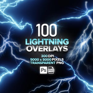May include: Digital graphic design featuring 100 lightning overlays. The text includes "100 LIGHTNING OVERLAYS" in white and light blue, with details about the resolution and file type. The background is a dark blue with bright blue lightning bolts.