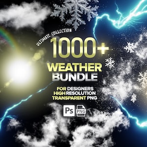 Op de afbeelding: Digitale afbeelding met de tekst "1000+ Weather Bundle" in goud, met weerelementen zoals bliksem, wolken, sneeuwvlokken en een regenboog. Bevat de tekst "For Designers High Resolution Transparent PNG".
