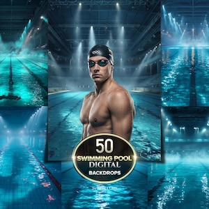 May include: A composite image featuring a swimmer in a pool, with a black swim cap and goggles. The image includes a graphic that reads "50 Swimming Pool Digital Backdrops". The pool is a vibrant blue with lane markers.