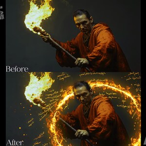 May include: A person in a red robe holds a flaming torch with a swirling ring of fire behind them. The background is dark with a few scattered sparks.