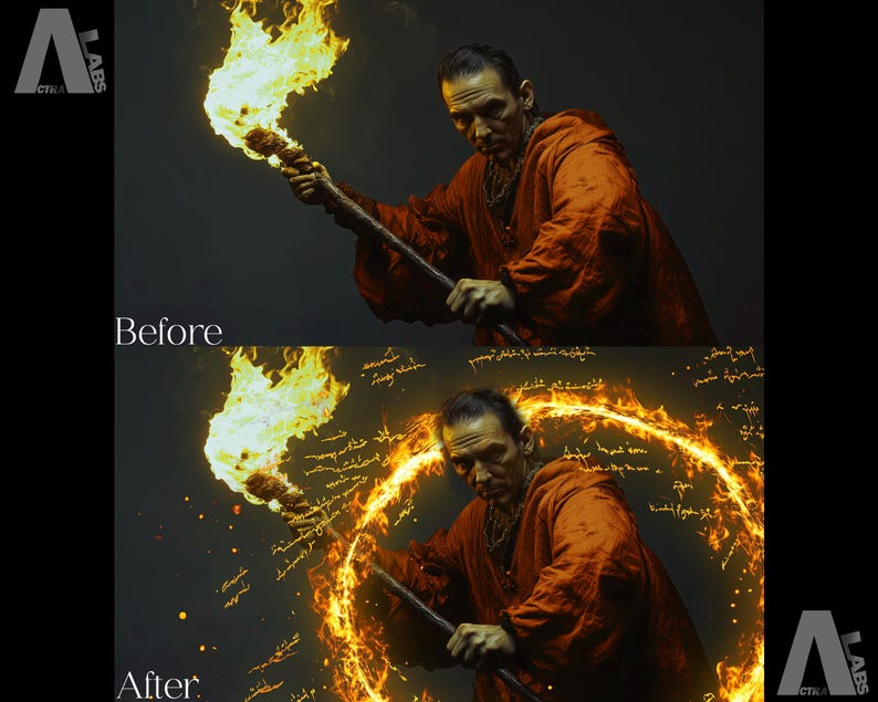 May include: A person in a red robe holds a flaming torch with a swirling ring of fire behind them. The background is dark with a few scattered sparks.