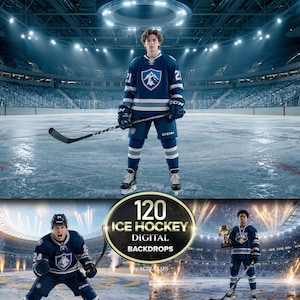 May include: A collection of 120 ice hockey digital backdrops featuring hockey players in blue and white uniforms on an ice rink. The central graphic displays the text 120 ICE HOCKEY DIGITAL BACKROPS. The scenes include stadium lighting and fireworks.