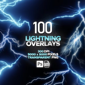 100 Blitz Photoshop-Overlays, realistische Blitzeffekte, transparentes PNG, Blitzschläge Overlays, digitaler Download