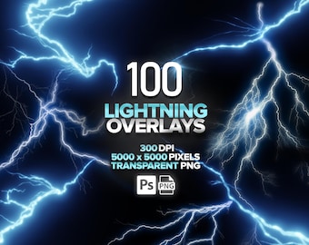 100 Photoshop-overlays bliksem, realistische bliksemeffecten, transparante png, overlays blikseminslagen, digitale download