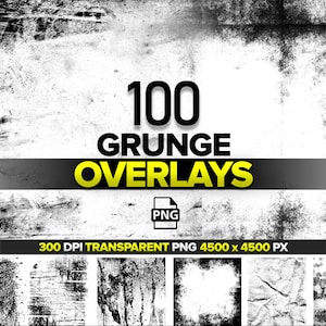 May include: A digital product image featuring the text "100 GRUNGE OVERLAYS" in black and yellow, with a PNG file icon. The image has a distressed, textured background with a variety of grunge effects. The bottom of the image displays a row of sample overlays.