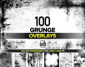Puede incluir: Una colección digital de 100 superposiciones grunge con texturas desgastadas en blanco y negro. La imagen muestra el texto 100 GRUNGE OVERLAYS, un icono PNG y especificaciones técnicas que incluyen 300 DPI y 4500 x 4500 PX.