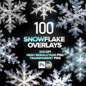 100 imágenes prediseñadas de copos de nieve, copos de nieve blancos PNG, superposiciones de invierno, superposiciones de copos de nieve para Photoshop, efectos navideños