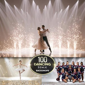 May include: A digital collection of 100 dancing stage backdrops featuring various scenes including a couple ballroom dancing, a solo ballerina in a white tutu, and a group of cheerleaders, all illuminated by bright stage lights and sparks.