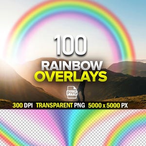 May include: Image featuring a vibrant rainbow overlay against a scenic mountain backdrop. Text reads "100 Rainbow Overlays" with details about the file format and resolution. A PNG file icon is also present. The image has a transparent PNG background.