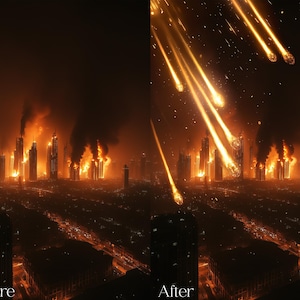 Puede incluir: Obra de arte digital que representa un horizonte urbano en llamas. La imagen muestra una comparaci&oacute;n de antes y despu&eacute;s, con la versi&oacute;n 'despu&eacute;s' que presenta meteoros de fuego cayendo hacia los edificios en llamas. La paleta de colores est&aacute; dominada por tonos naranja y negro.
