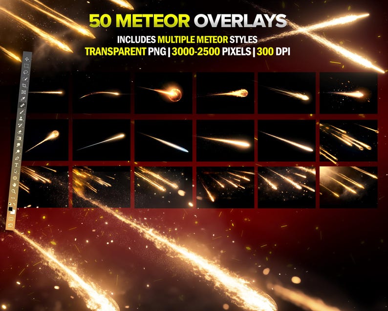 Puede incluir: Gr&aacute;fico digital con 50 superposiciones de meteoritos en varios estilos. El texto incluye "50 METEOR OVERLAYS" y "TRANSPARENT PNG | 3000-2500 P&Iacute;XELES | 300 DPI". La imagen muestra m&uacute;ltiples estelas de meteoritos brillantes sobre un fondo oscuro.