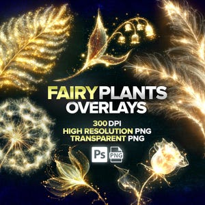 May include: Digital art featuring glowing fairy plant overlays. The image includes a variety of plant elements, such as feathers, flowers, and a dandelion, all with a sparkling, ethereal effect. Text reads "Fairy Plants Overlays" and "300 DPI High Resolution PNG Transparent PNG".