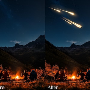 Puede incluir: Escena nocturna con una fogata y personas silueteadas contra las llamas. El cielo es azul oscuro con estrellas y una lluvia de meteoritos. El texto "Before" y "After" est&aacute; en la parte inferior.