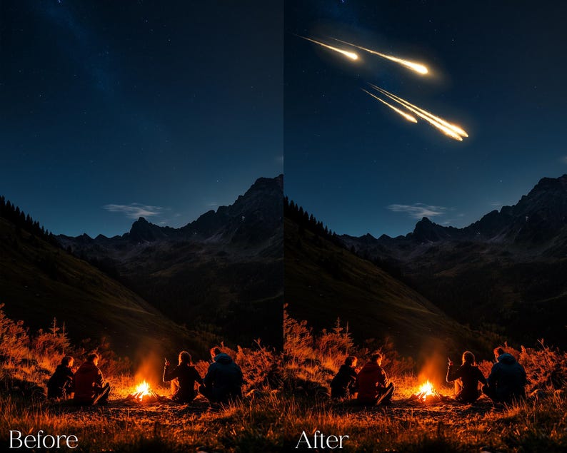 Puede incluir: Escena nocturna con una fogata y personas silueteadas contra las llamas. El cielo es azul oscuro con estrellas y una lluvia de meteoritos. El texto "Before" y "After" est&aacute; en la parte inferior.