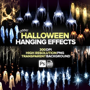 May include: A digital graphic featuring various Halloween hanging effects. The image includes glowing spiderwebs, ghost figures, and spider-like decorations in shades of white, blue, and gold. Text reads "Spooky Halloween Hanging Effects" and "300 DPI High Resolution PNG Transparent Background."