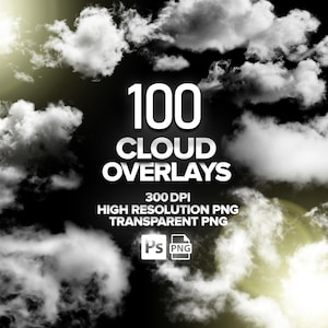 100 nakładek na chmury w Photoshopie, przezroczyste chmury w formacie PNG, cliparty z chmurami, realistyczne chmury, cyfrowe niebo, tło chmur, pobieranie cyfrowe
