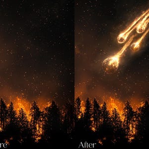 Puede incluir: Una obra de arte digital que muestra una escena de antes y despu&eacute;s. La imagen del antes muestra un cielo nocturno estrellado sobre un bosque con un resplandor de fuego. La imagen del despu&eacute;s muestra la misma escena con meteoritos de fuego surcando el cielo.