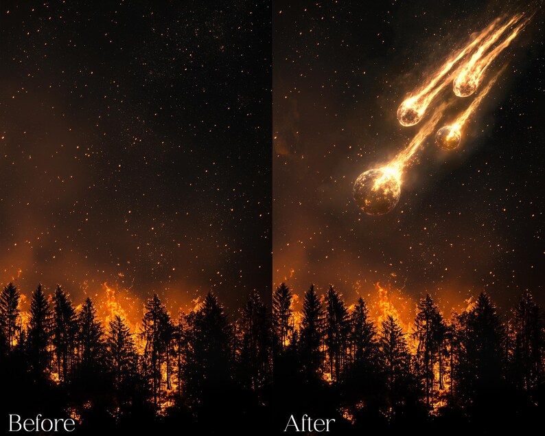 Puede incluir: Una obra de arte digital que muestra una escena de antes y despu&eacute;s. La imagen del antes muestra un cielo nocturno estrellado sobre un bosque con un resplandor de fuego. La imagen del despu&eacute;s muestra la misma escena con meteoritos de fuego surcando el cielo.